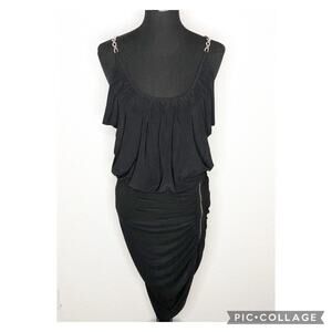 Cache black silver chain strap ruched zip skirt cocktail dress size Medium